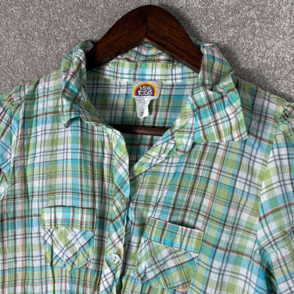 Love Rocks Green Blue Plaid Short Sleeve Drawstring Tunic Top Small
